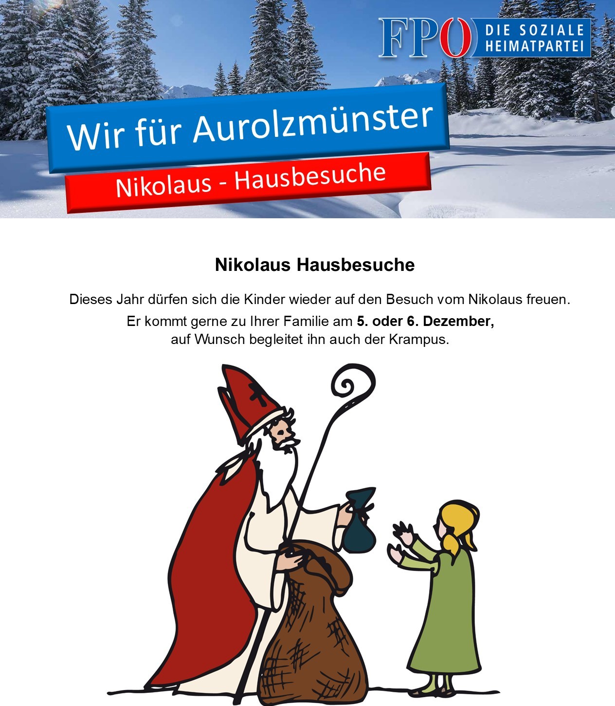 Illustration aus eurer Nikolausaktion: Der Nikolaus überreicht einem Kind ein Sackerl.